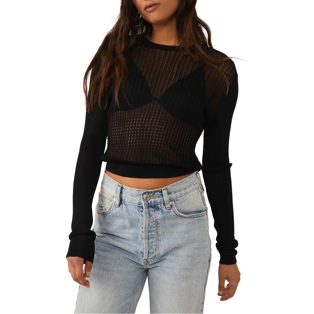 Free People Black Sheer Knit Long Sleeve Crew Sweater